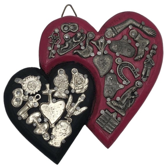 Red & Black Mexican Milagro Wooden Double Heart with Silver Pins Folk Art